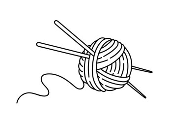 Knitting element linear. Knitting and needlework, handmade. Woolen ball with needles. Minimalistic creativity and art. Outline flat vector illustration isolated on white background