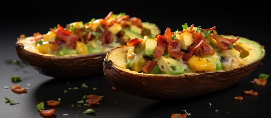 Obraz na płótnie Canvas Roasted avocado egg boats with bacon and green onion. Creative Banner. Copyspace image