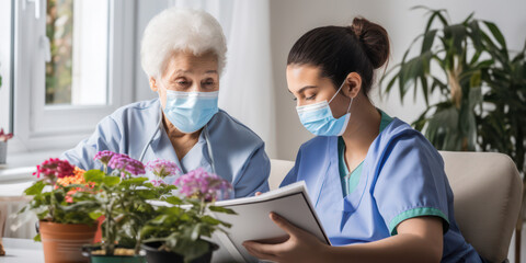 Obraz premium Caring Nursing Assistance for Elderly Patients: Smiling Senior Female Doctor Providing Support at Home