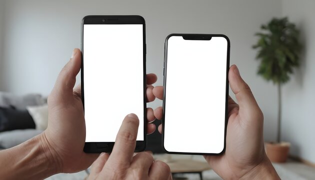 A pair of old hands scrolling over a white screen with copy space phone in a living room