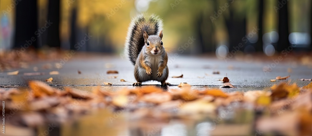 Poster squirrel sits on the asphalt in an autumn park and waits for a nut. creative banner. copyspace image