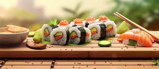 Slicing Fresh Fish and Vegetables to Make Sushi Sliced fish avocado and cucumber on a bamboo...
