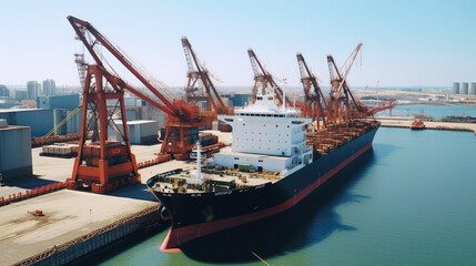 Obraz premium Logistics and transportation of Container Cargo ship and Cargo plane with working crane bridge in shipyard, logistic import export and transport industry background, Aerial view from drone