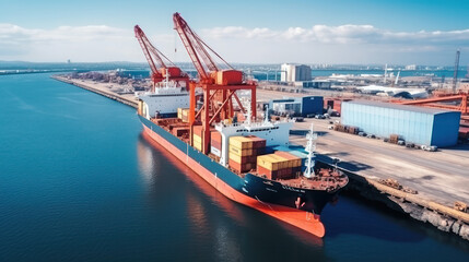 Logistics and transportation of Container Cargo ship and Cargo plane with working crane bridge in shipyard, logistic import export and transport industry background, Aerial view from drone - obrazy, fototapety, plakaty