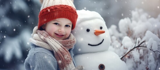 the boy made a snowman a happy child plays in a snowy winter forest straightens a scarf and a hat for a snowman. Creative Banner. Copyspace image