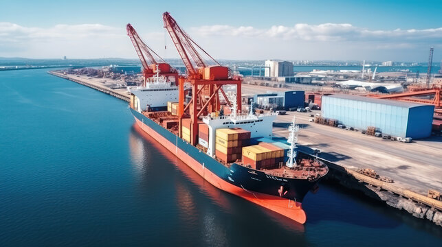Fototapeta Logistics and transportation of Container Cargo ship and Cargo plane with working crane bridge in shipyard, logistic import export and transport industry background, Aerial view from drone