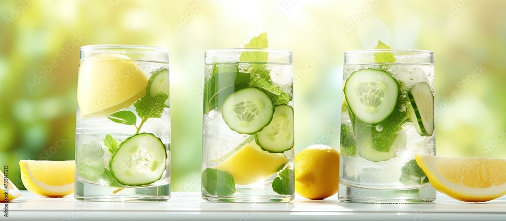 Poster summer refreshing drinks lemon cucumber mint infused water selective focus space for text. creative 
