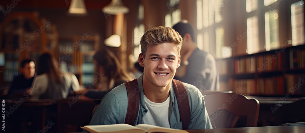 Poster Smiling male student working and studying in a library. Creative Banner. Copyspace image