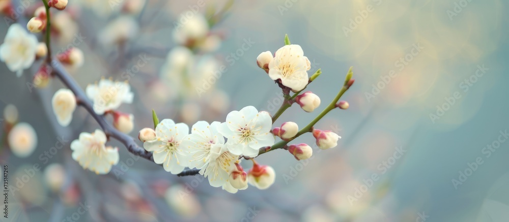 Wall mural Macro photography of a cherry blossom tree branch with white flowers, showcasing the delicate petals and intricate details of the flowering plant.