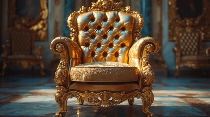 royal throne decorated with gold and precious stones standing in the palace concept: royal seed, king's reign - obrazy, fototapety, plakaty