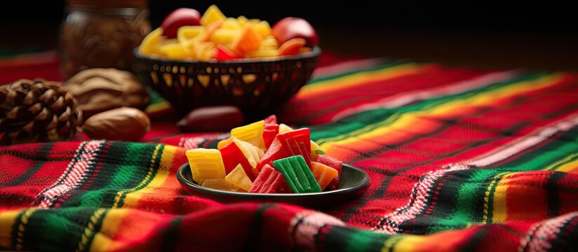 Typical Mexican Candy Variety of Candies from Mexico and woven tablecloth. Creative Banner. Copyspace image