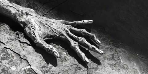 A black and white photograph capturing the image of a lifeless hand. This eerie and somber picture can be used to depict themes of death, horror, or mystery.