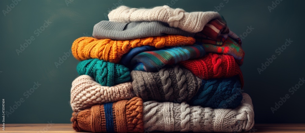 Aufkleber stack of cozy knitted sweaters in wicker basket. creative banner. copyspace image