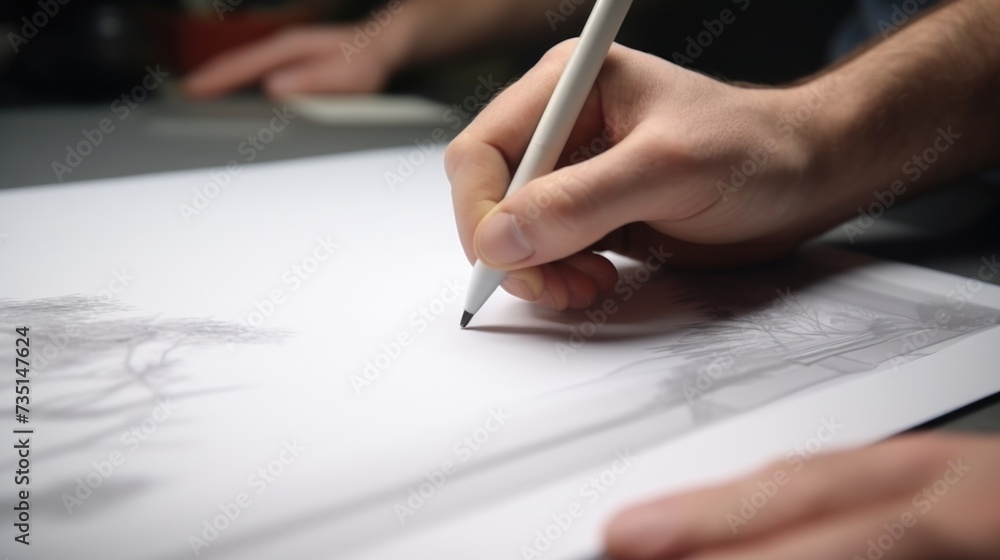 Poster a person is drawing on a piece of paper with a pencil. this image can be used for artistic, creative