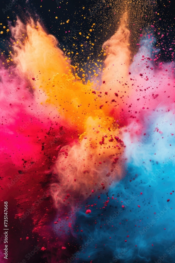 Poster A vibrant and dynamic image capturing a colorful powder cloud suspended in the air. Perfect for adding a burst of energy and excitement to various creative projects