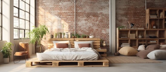 Obraz na płótnie Canvas Modern bedroom in a loft Urban apartment with pallet bed scandinavian eco design. Creative Banner. Copyspace image