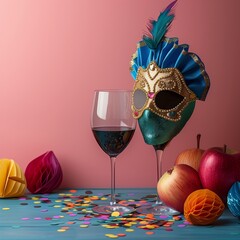 Happy Purim carnival. Carnival mask for Mardi Gras celebration on pink background banner design with copy space, jewish holiday, Purim in Hebrew holiday carnival ball, Venetian mask. Purim party