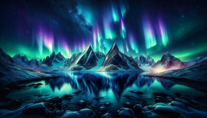 Heavenly Skies- Aurora Borealis Over Mountain Peaks
