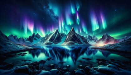 Obraz premium Heavenly Skies- Aurora Borealis Over Mountain Peaks