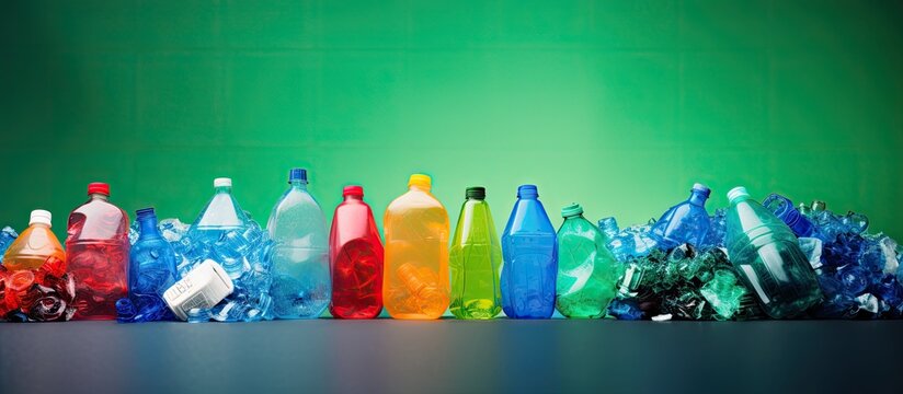Plastic bottle crushed or Small pieces of cut colorful plastic bottles with Blurred green background Recycle icon sustainable icon and Bottle icon Chemical concept. Creative Banner. Copyspace image