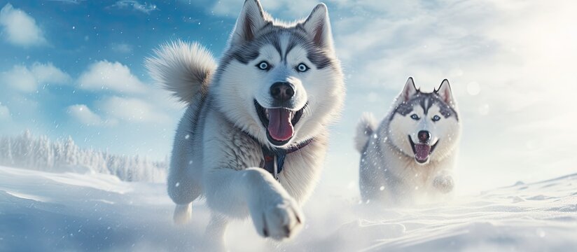 Two husky dogs fighting and playing in the snow. Creative Banner. Copyspace image