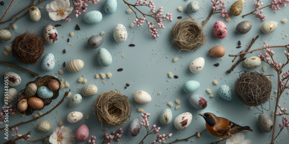 Poster a bird sits on top of a nest filled with eggs. perfect for nature or wildlife themes
