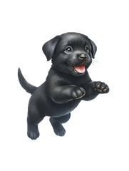 Cute black labrador puppy running, jumping, watercolor illustration
