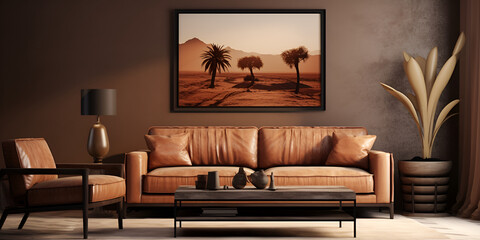 Modern living room interior design with brown sofa round coffee table coffee table and palm tree on background.