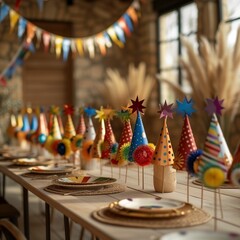 christmas decoration. a long table adorned with plates and party hats as the focal point. Indoor setting. warm browns Colors. A Table With Party Hats.