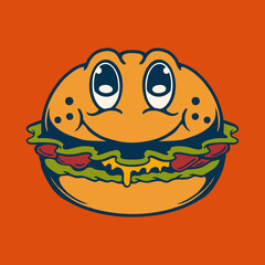 Illustration vector graphic of BURGER RETRO CARTOON CHARACTER for apparel design merchandise, such as logos on product packaging