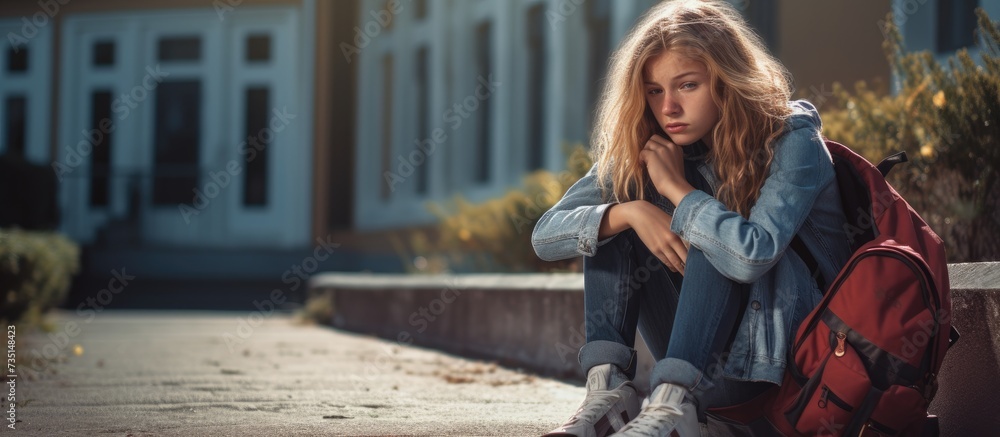 Wall mural Unhappy little girl sitting alone outside at school. Creative Banner. Copyspace image