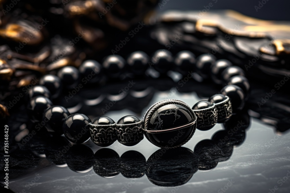 Poster a detailed shot of a bracelet placed on a table. perfect for showcasing jewelry or adding a touch of