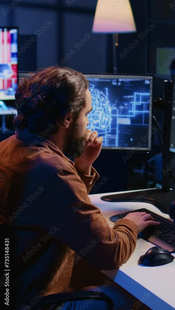 Poster freelancing programmer writes code on desktop pc to visualize artificial intelligence neural network