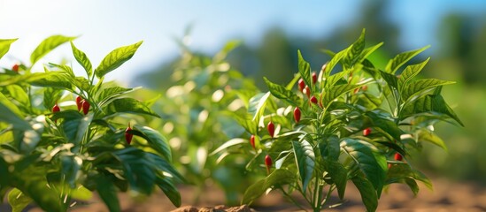Obraz premium vegetable rows of pepper grow in the field farming agriculture Landscape with agricultural land selective focus. Creative Banner. Copyspace image