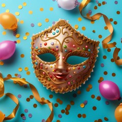 Happy Purim carnival. Carnival mask for Mardi Gras celebration on blue background banner design with copy space, jewish holiday, Purim in Hebrew holiday carnival ball, Venetian mask. Purim party