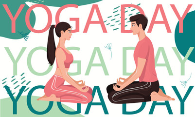 International yoga day. Yoga Body Posture with Text in flat style. Couple practicing yoga. Vector illustration