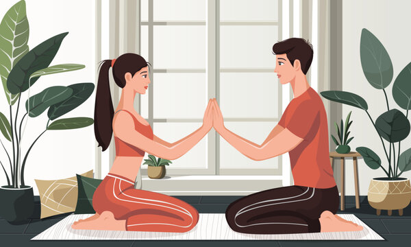 Lotus pose meditation for a couple in the room. Young girl and young man face each other and holding hands. A minimalist image with a faceless style. Vector illustration.
