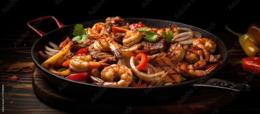 Aufkleber sizzling fajitas chicken beef shrimp combo. creative banner. copyspace image