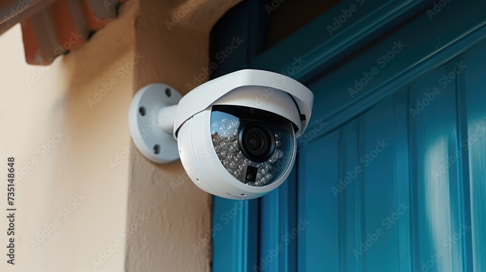 Poster A security camera mounted on the side of a building. Suitable for surveillance and security concepts