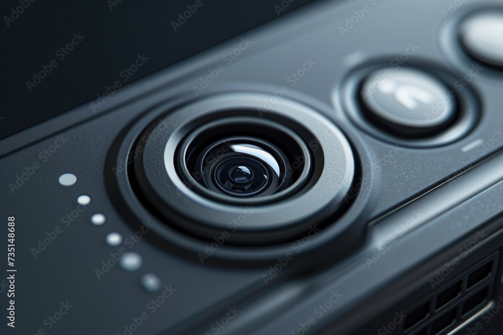 Poster A close-up view of a camera lens on a cell phone. This image can be used to illustrate technology, photography, or social media concepts