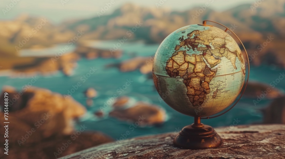 Aufkleber a globe sitting on top of a rock next to a body of water. this image can be used to represent travel