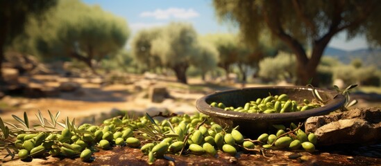 Man picking olives from the olive tree in the garden Harvesting in mediterranean olive grove in Sicily Italy Gardener in ecobio garden. Creative Banner. Copyspace image