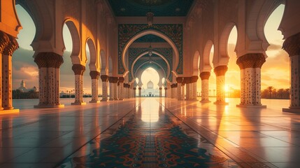 Islamic background with magnificent mosque , creative photograph angles, Interior of Mosque, Concept of Ramadan Kareem, Generative Ai