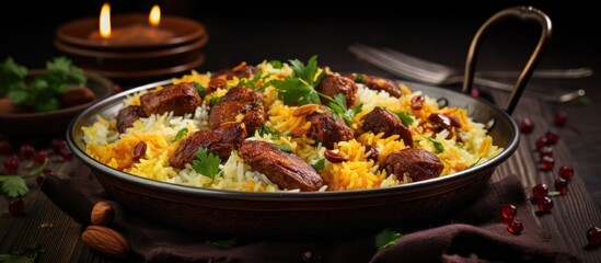 Traditional Central Asian dish Pilaf rice with spice mutton dried fruits and garlic. Creative Banner. Copyspace image