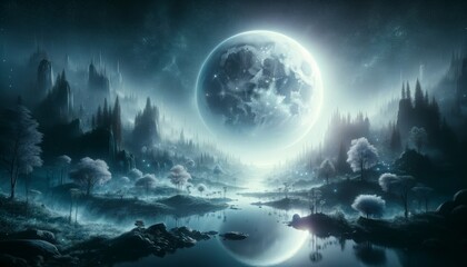 Naklejka na ściany i meble Lunar Fantasy- Full Moon Over Mystical Landscape