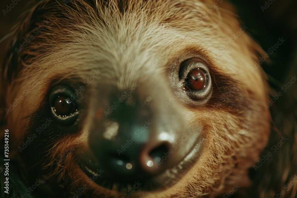 Aufkleber A close-up view of a sloth's face, capturing its adorable smile. Perfect for adding a touch of cuteness to any project or design