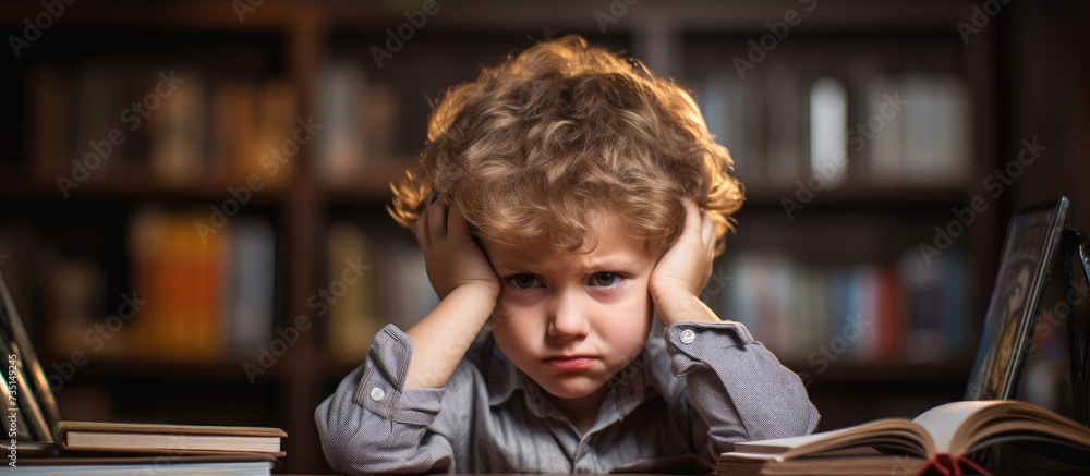Poster Sad confused child with tablet computer sitting at table with books notebooks. Creative Banner. Copyspace image