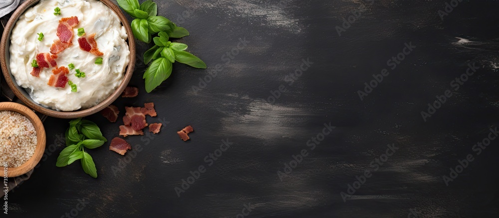 Aufkleber Rolls of fried bacon and mashed potatoes and basil on a plate on the table Top view Web banner. Creative Banner. Copyspace image