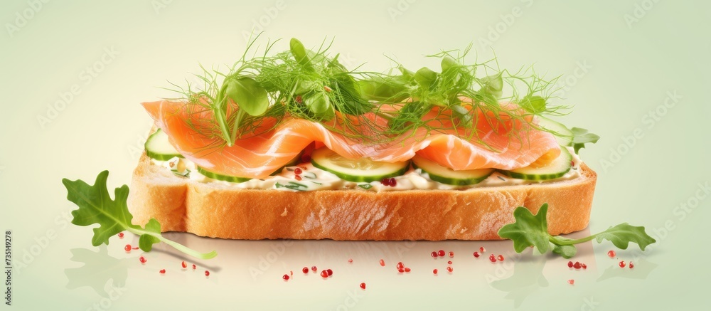 Poster tasty bruschetta with salmon salmon toast with cream cheese arugula and cucumber cube. creative bann