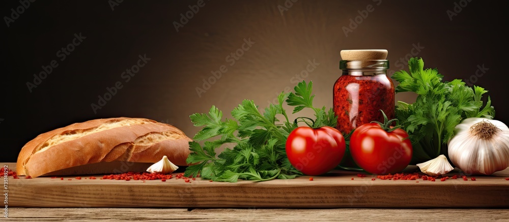 Poster slices of bread with a tomato paste parsley and tomatoes with garlic on a kitchen board. creative ba